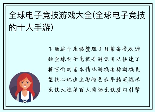 全球电子竞技游戏大全(全球电子竞技的十大手游)