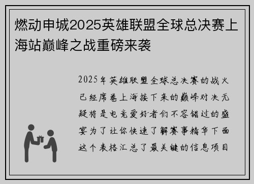 燃动申城2025英雄联盟全球总决赛上海站巅峰之战重磅来袭